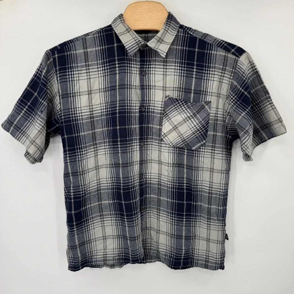 Lowrider Button Up Shirt Mens XL Navy Grey Plaid Short Sleeve Streetwear 8001